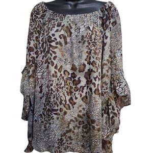 Cest. 1946 Shirt Med Blouse Leopard Print Ruffled Flared Sleeves Lightweight